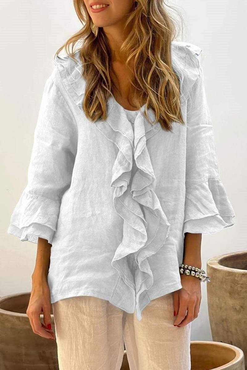 Edda | Casual solid color blouses with ruffles and V-neck for everyday wear