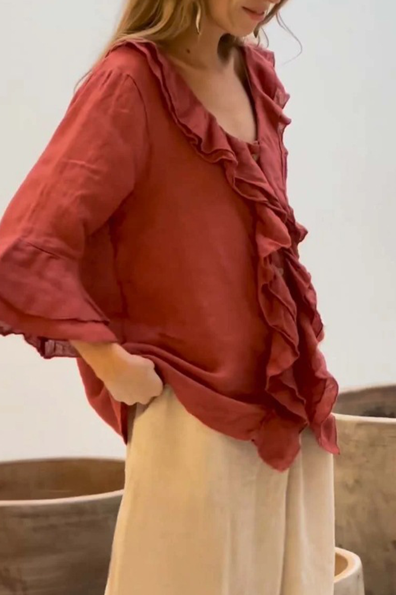 Edda | Casual solid color blouses with ruffles and V-neck for everyday wear