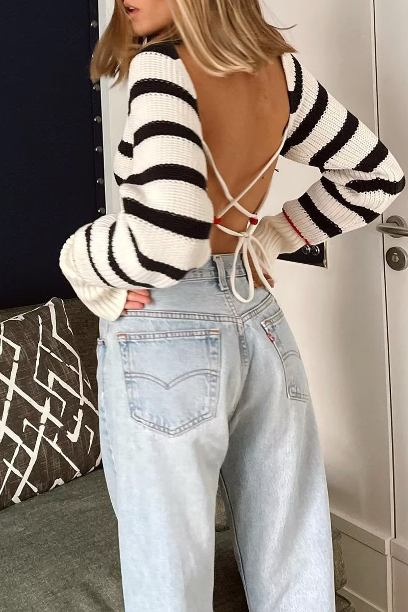 Edurne | Casual striped backless contrast lace-up O-neck sweaters