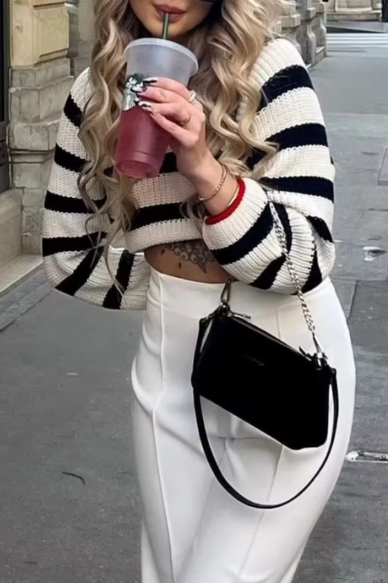 Edurne | Casual striped backless contrast lace-up O-neck sweaters