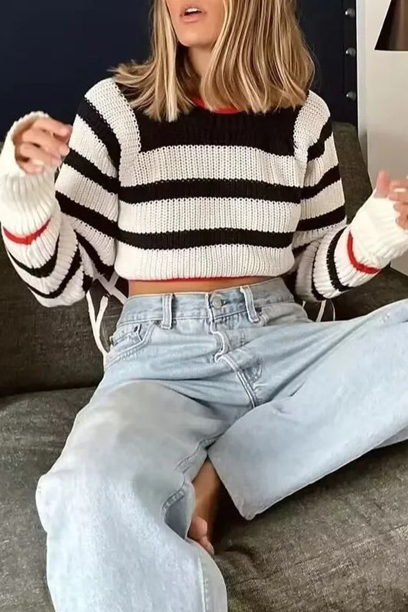Edurne | Casual striped backless contrast lace-up O-neck sweaters