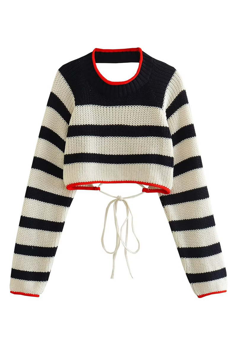 Edurne | Casual striped backless contrast lace-up O-neck sweaters