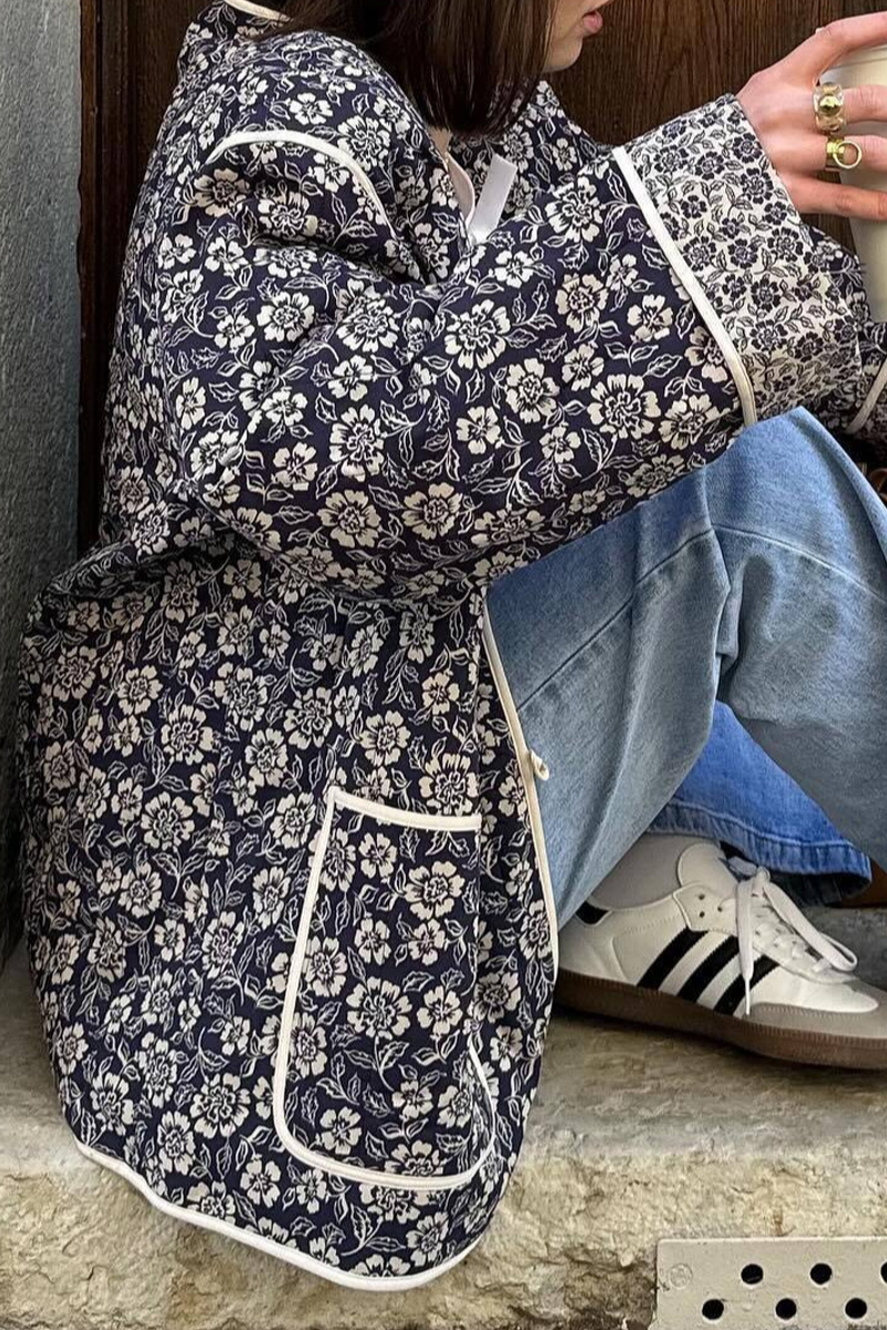 Ela | Casual street floral pocket patchwork V-neck outerwear
