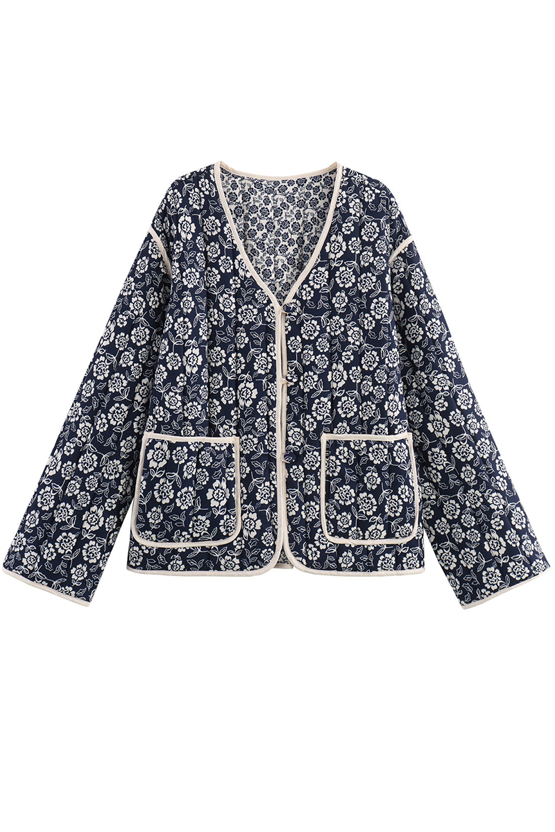 Ela | Casual street floral pocket patchwork V-neck outerwear