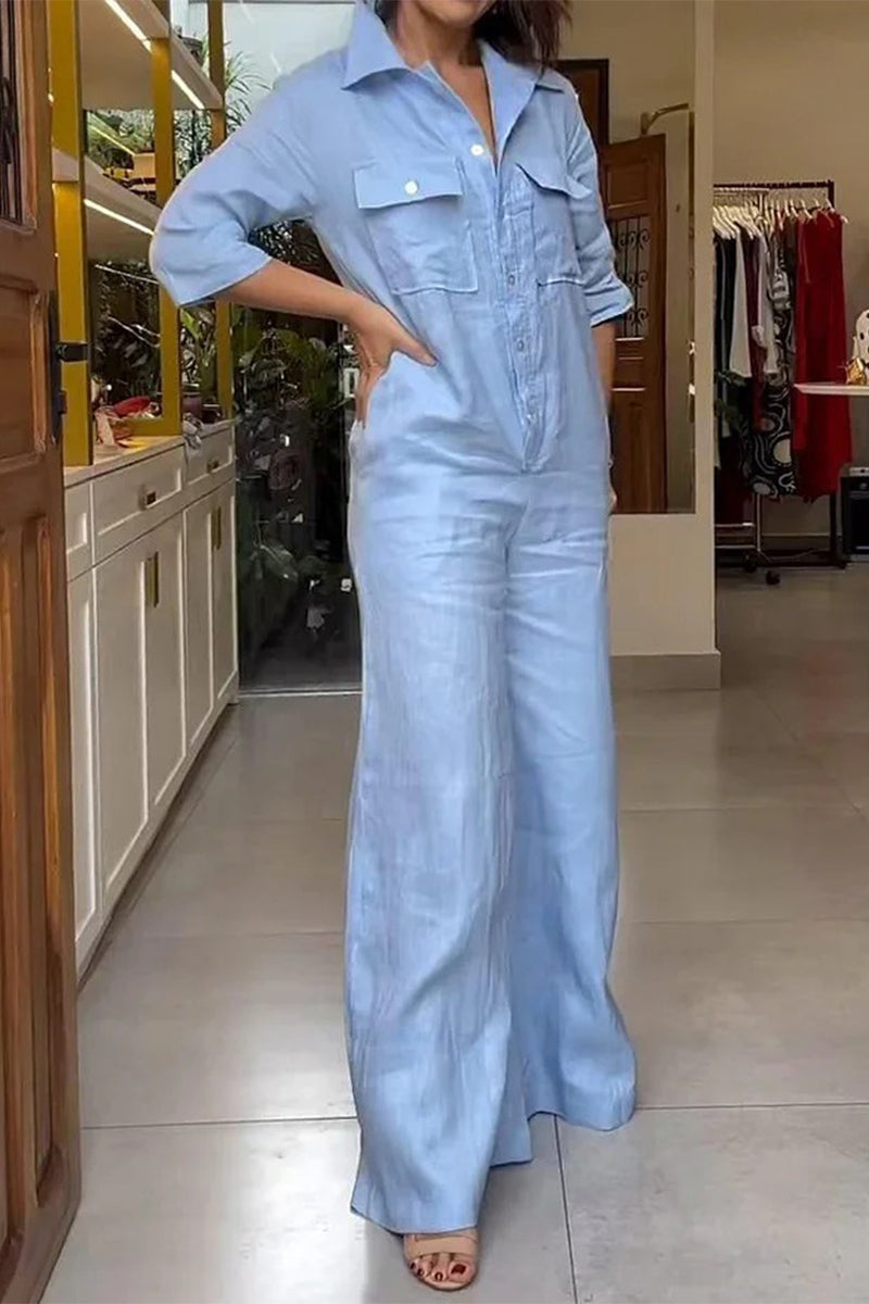 Elizabeth | Casual daily solid color loose jumpsuits with turn-down collar and pockets