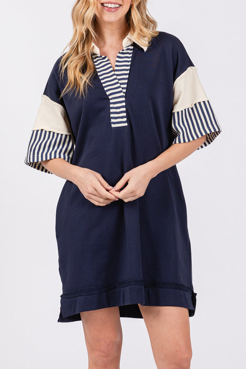 Encarni | Casual striped pocket patchwork turn-down collar short sleeve short dress