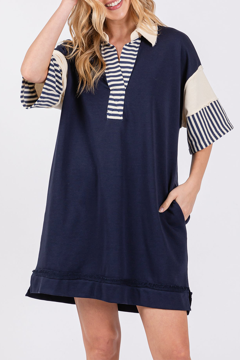 Encarni | Casual striped pocket patchwork turn-down collar short sleeve short dress