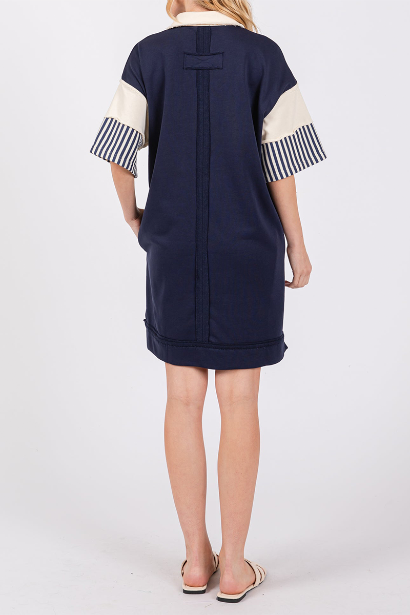 Encarni | Casual striped pocket patchwork turn-down collar short sleeve short dress
