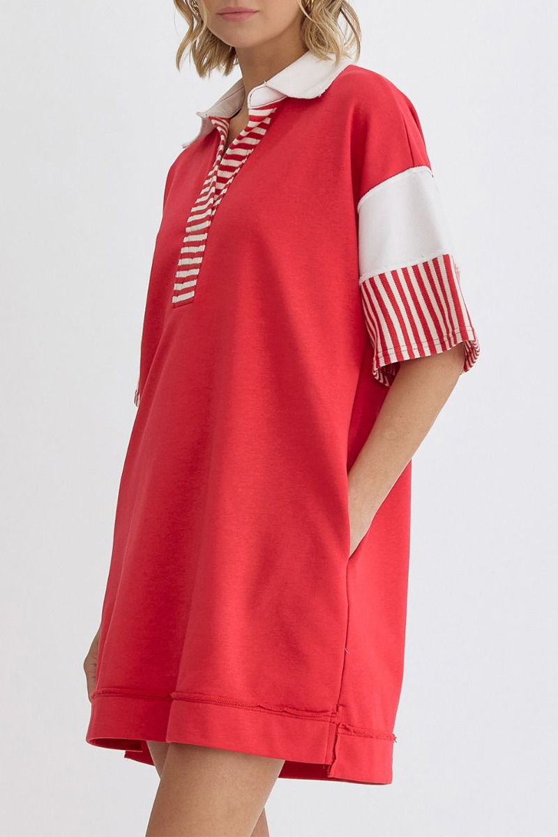 Encarni | Casual striped pocket patchwork turn-down collar short sleeve short dress