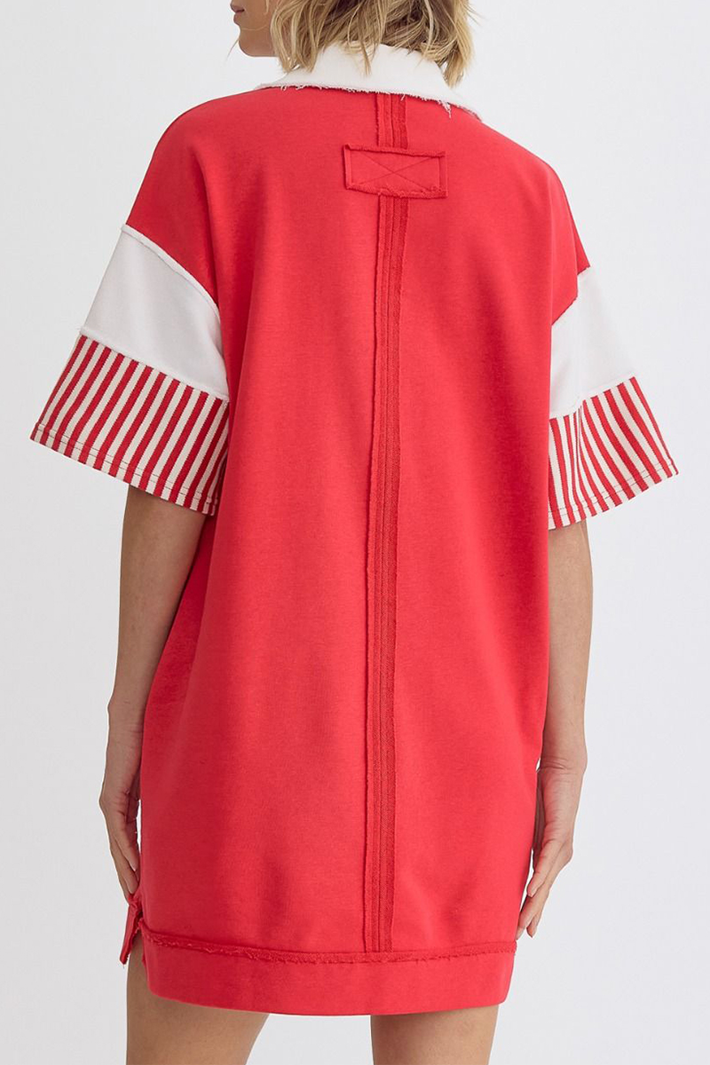 Encarni | Casual striped pocket patchwork turn-down collar short sleeve short dress