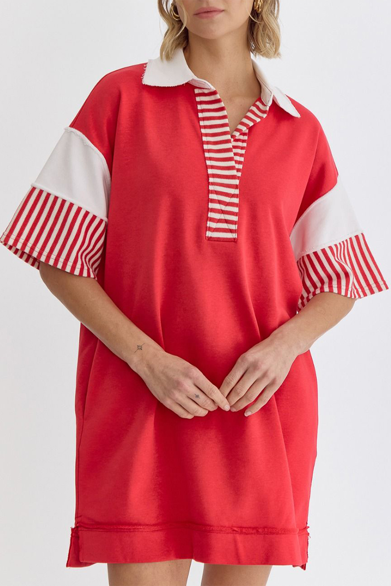 Encarni | Casual striped pocket patchwork turn-down collar short sleeve short dress