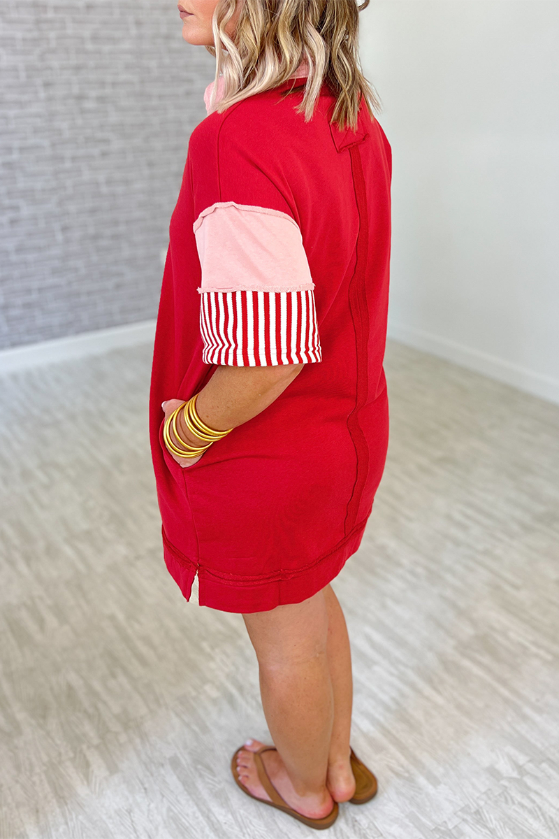Encarni | Casual striped pocket patchwork turn-down collar short sleeve short dress