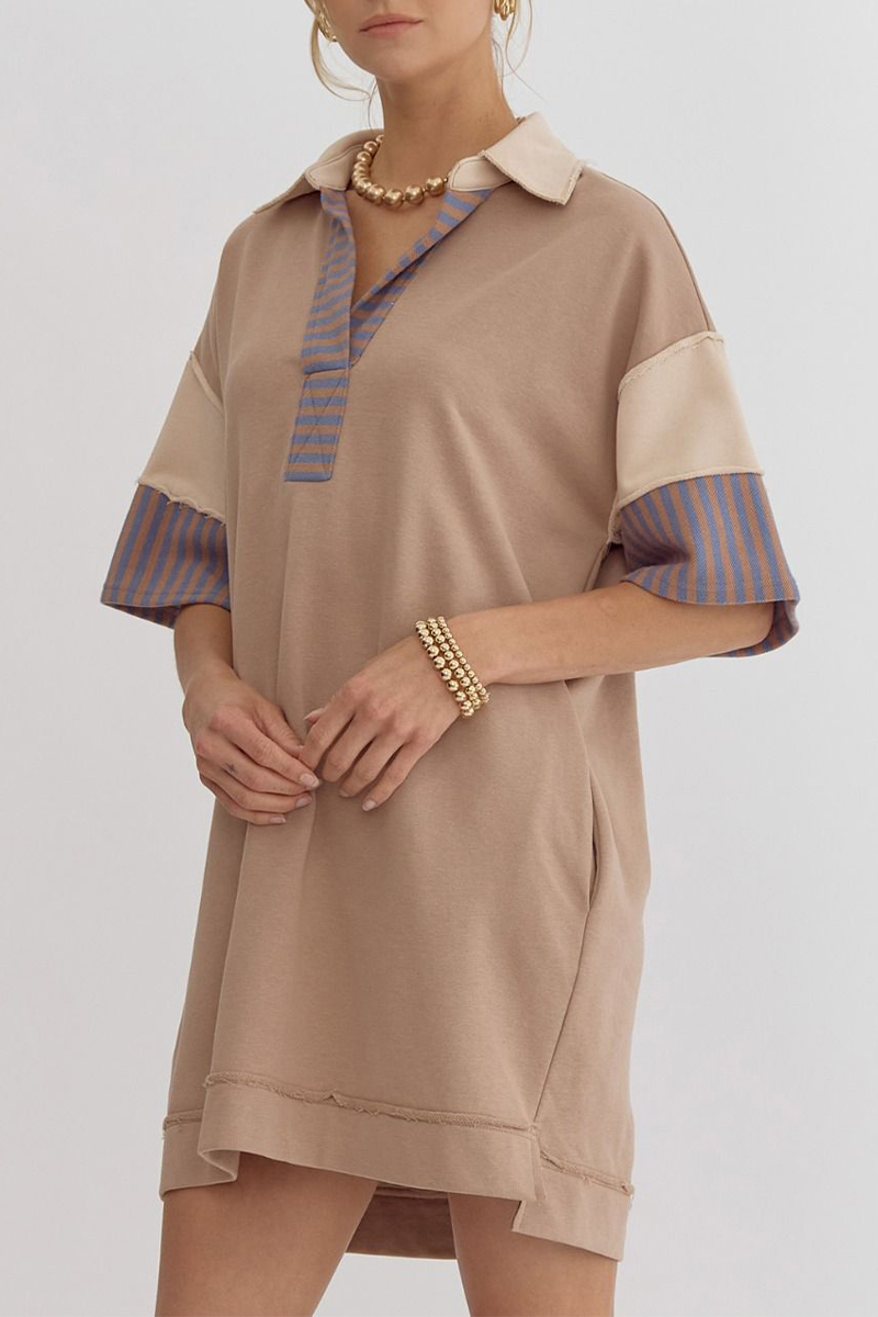 Encarni | Casual striped pocket patchwork turn-down collar short sleeve short dress