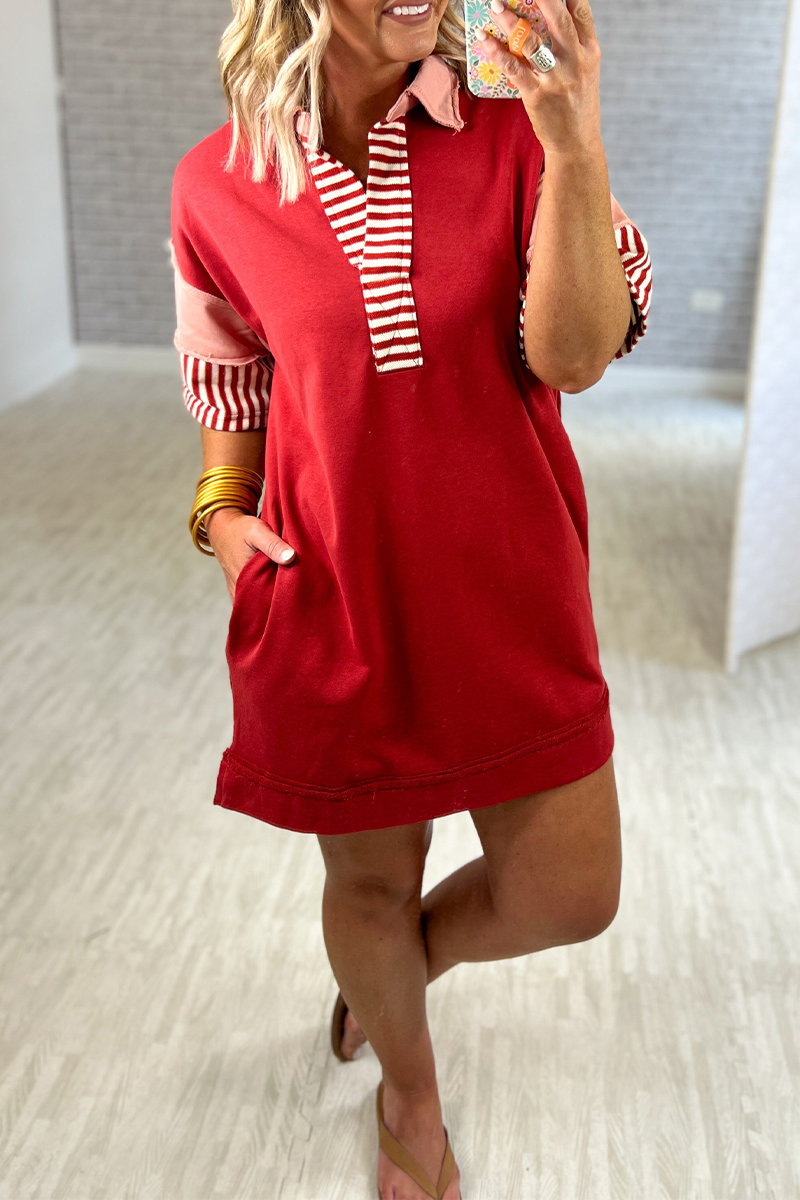 Encarni | Casual striped pocket patchwork turn-down collar short sleeve short dress