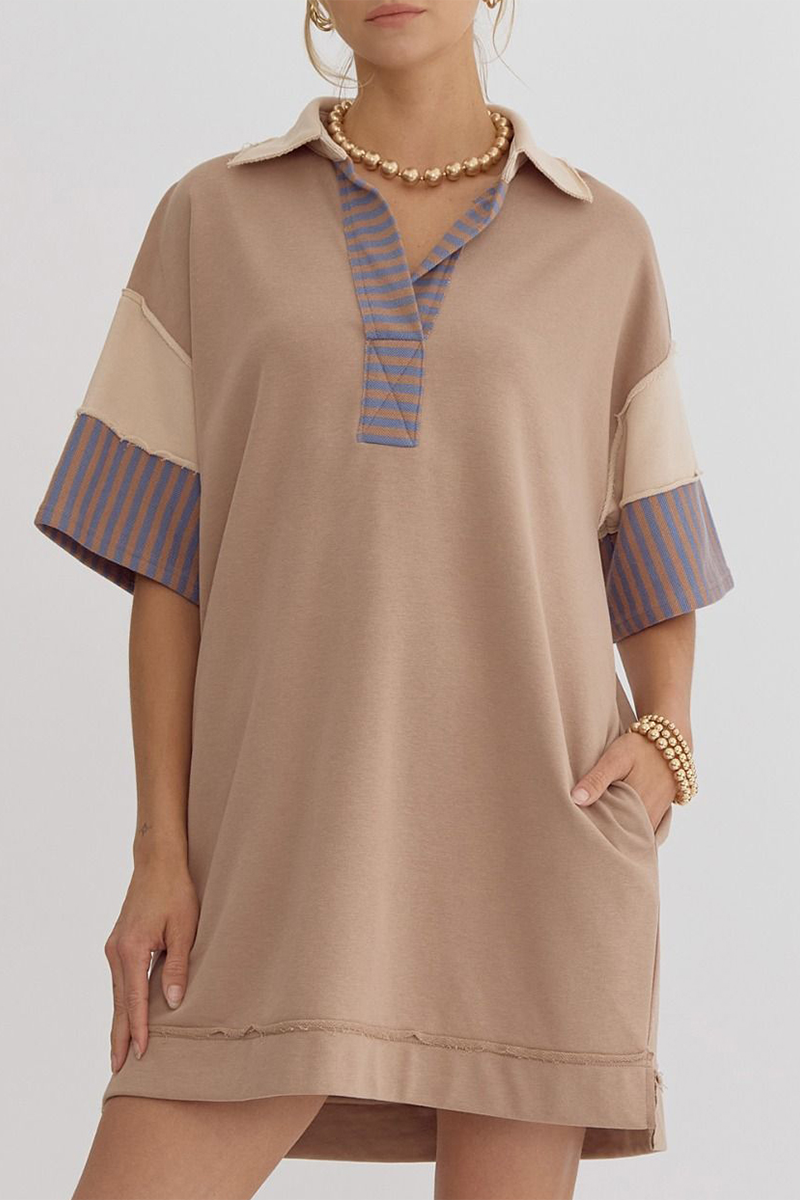 Encarni | Casual striped pocket patchwork turn-down collar short sleeve short dress