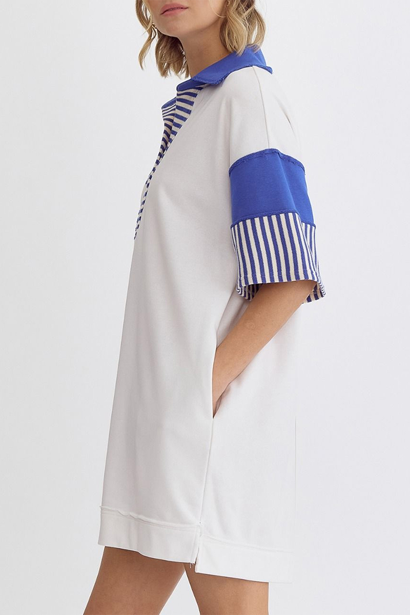 Encarni | Casual striped pocket patchwork turn-down collar short sleeve short dress