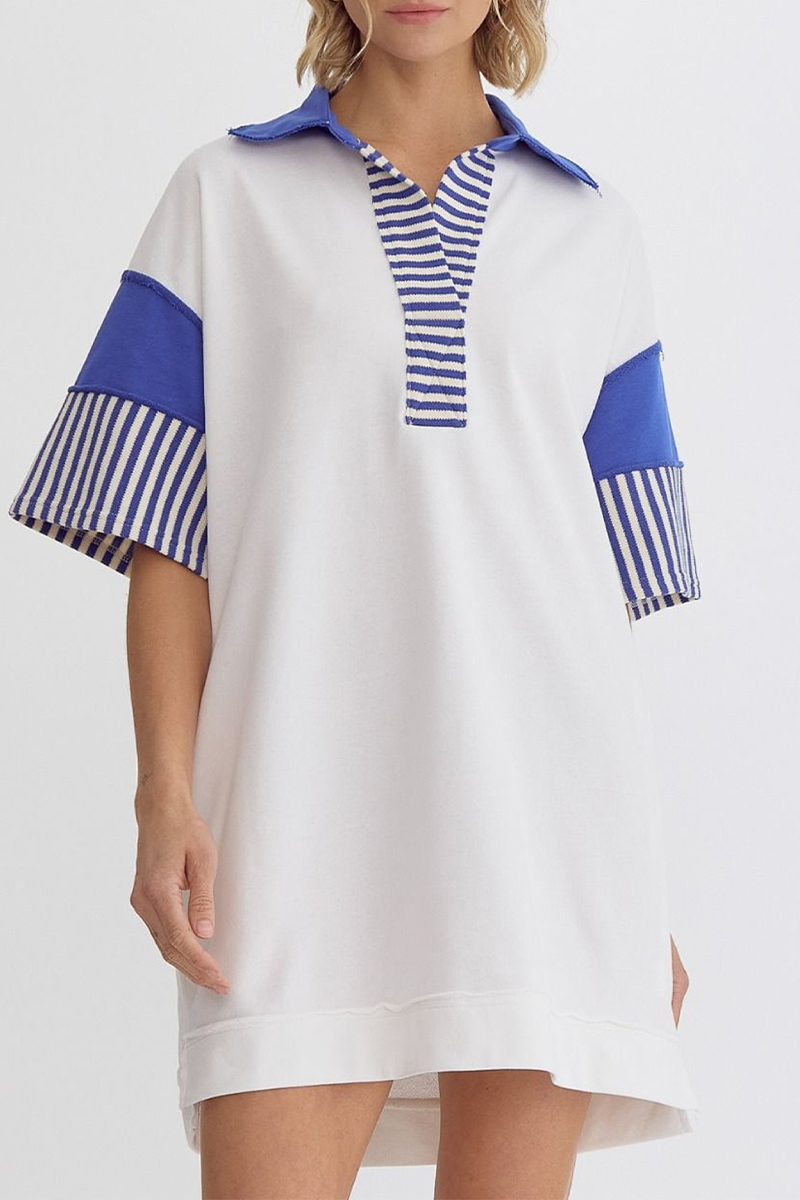 Encarni | Casual striped pocket patchwork turn-down collar short sleeve short dress