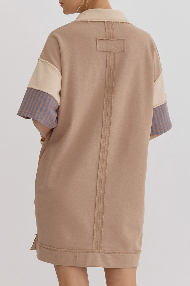 Encarni | Casual striped pocket patchwork turn-down collar short sleeve short dress