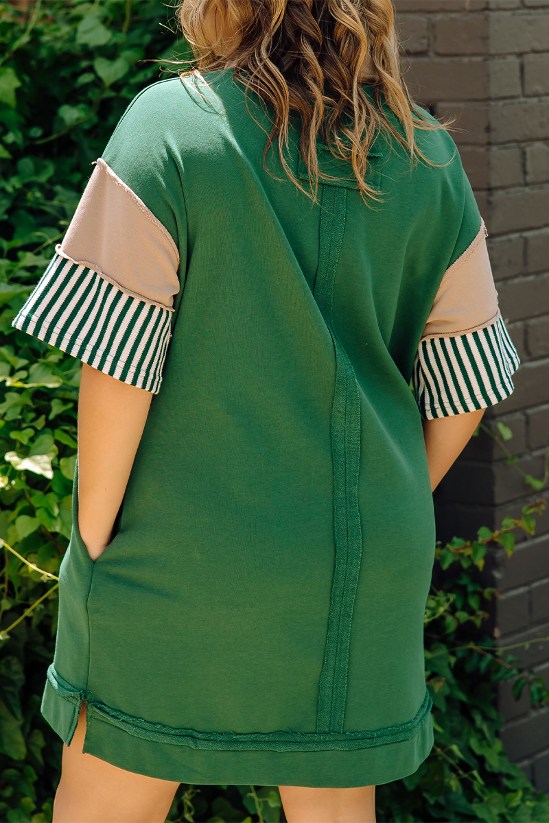 Encarni | Casual striped pocket patchwork turn-down collar short sleeve short dress