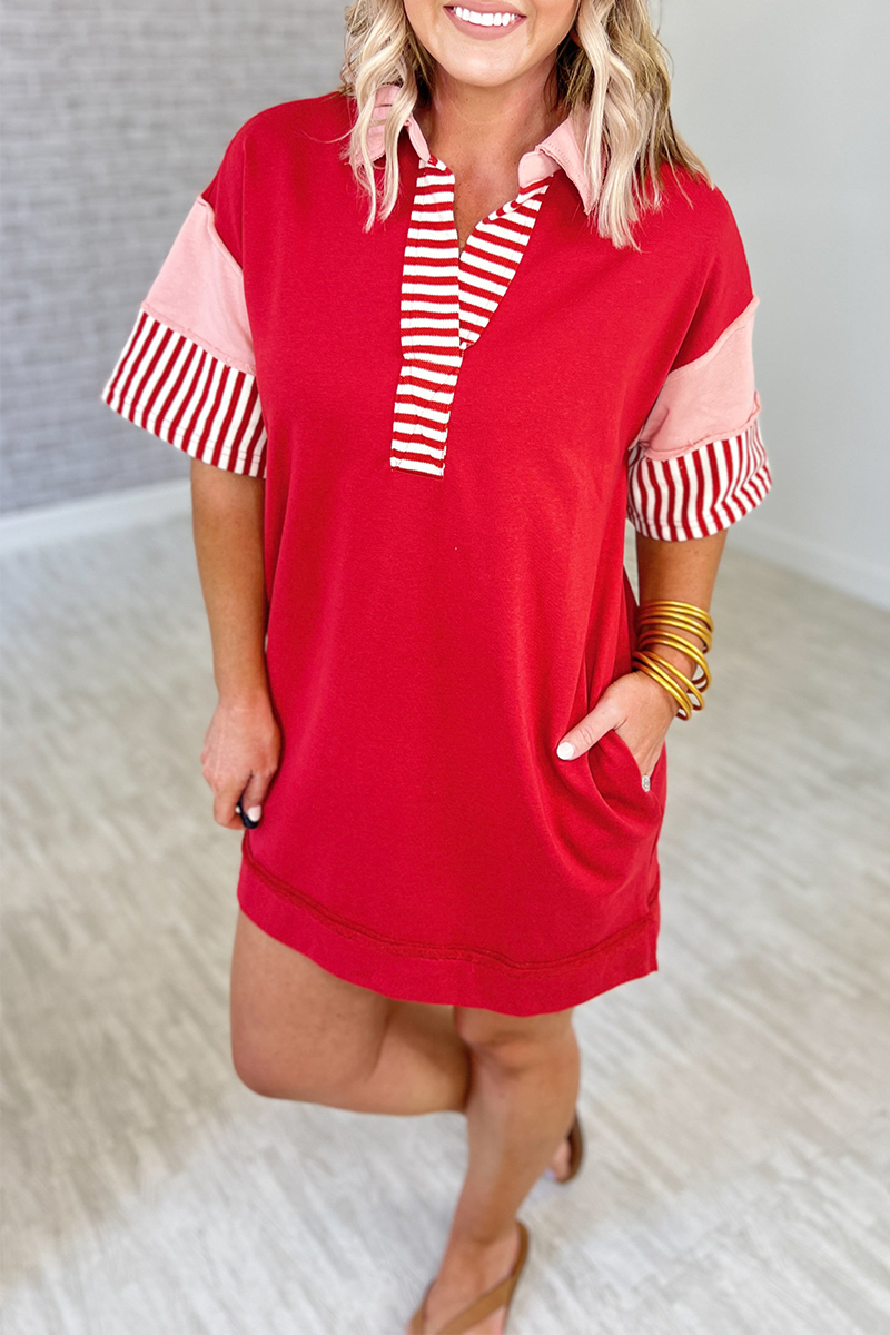 Encarni | Casual striped pocket patchwork turn-down collar short sleeve short dress