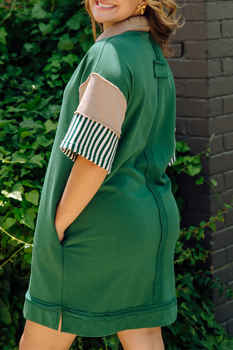 Encarni | Casual striped pocket patchwork turn-down collar short sleeve short dress