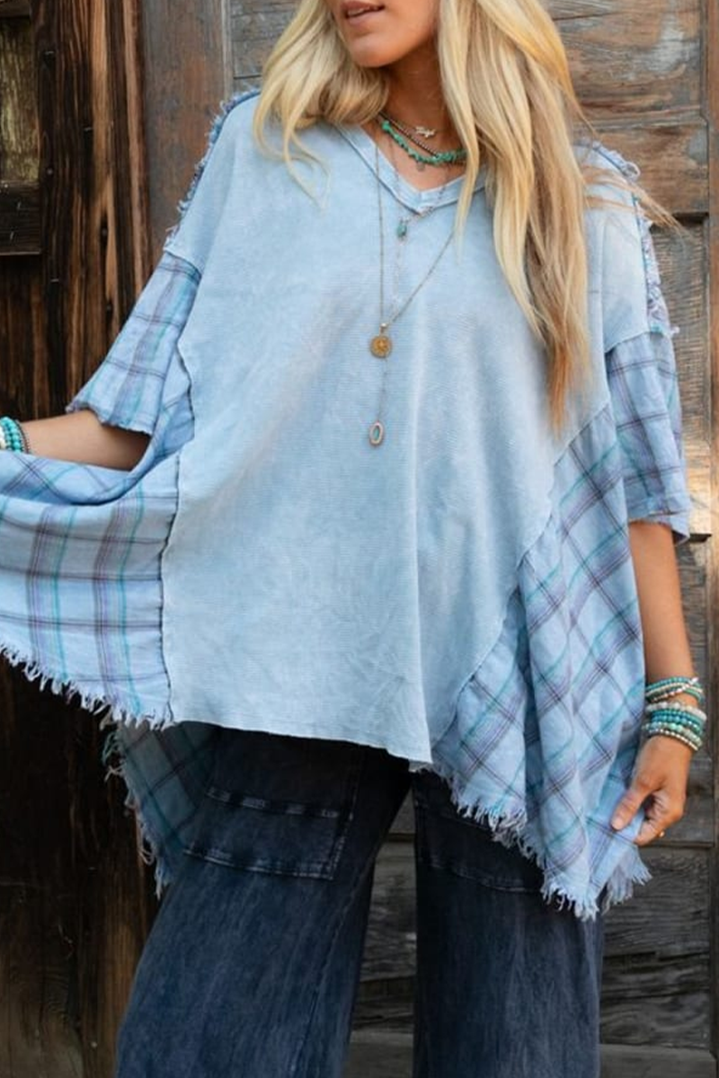 Emma | Casual t-shirts with checkered distressed patchwork contrast and V-neck