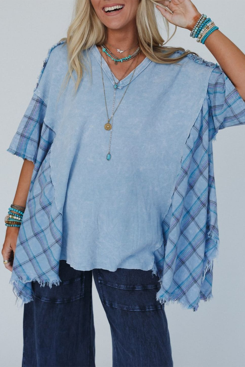 Emma | Casual t-shirts with checkered distressed patchwork contrast and V-neck