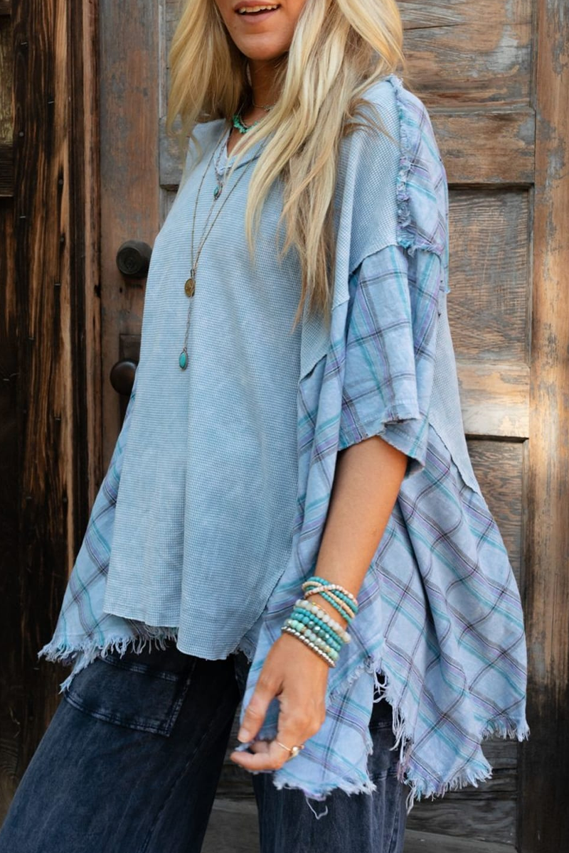 Emma | Casual t-shirts with checkered distressed patchwork contrast and V-neck