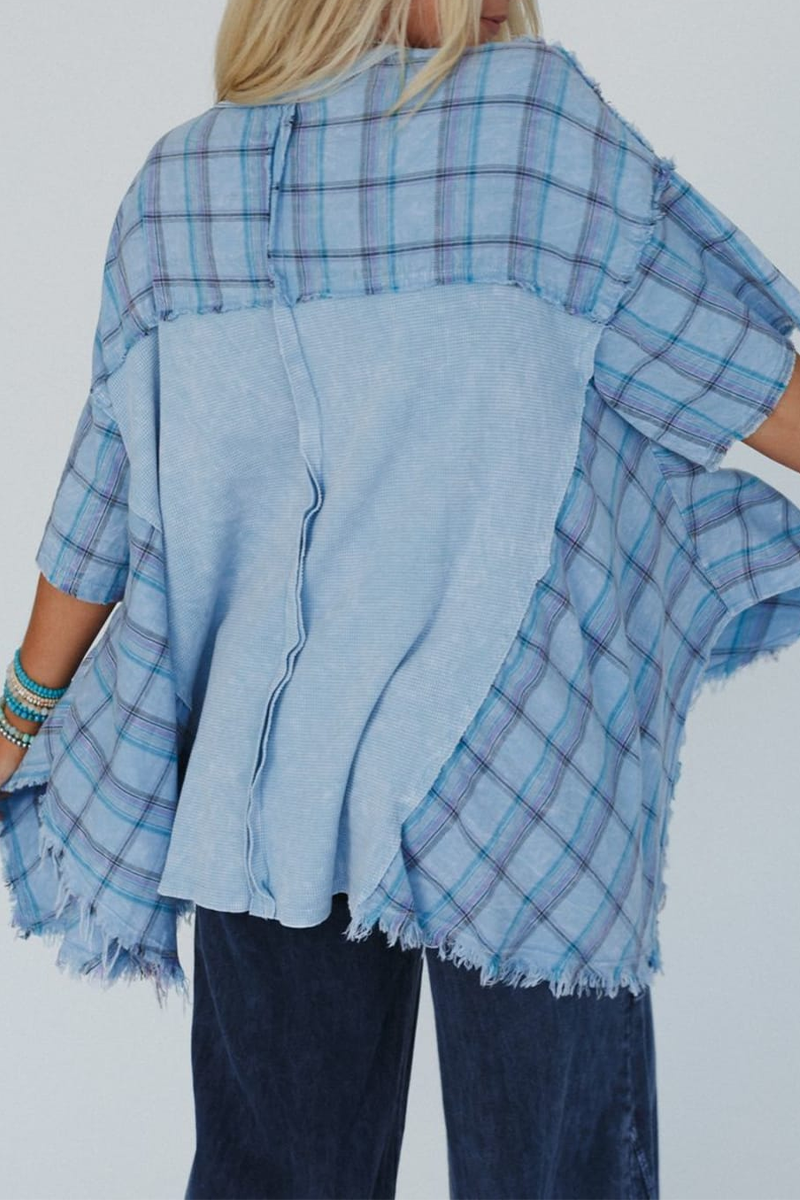 Emma | Casual t-shirts with checkered distressed patchwork contrast and V-neck