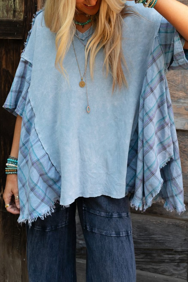 Emma | Casual t-shirts with checkered distressed patchwork contrast and V-neck