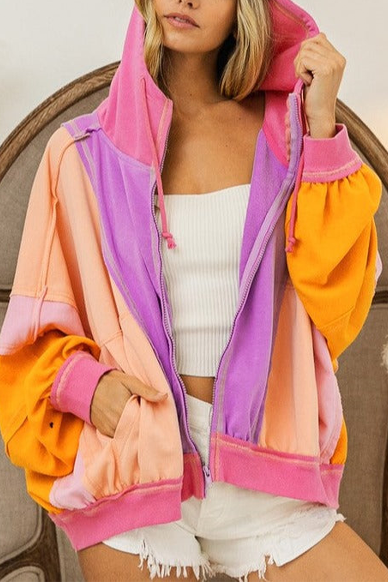 Emilia | Casual color block patchwork contrast hooded tops