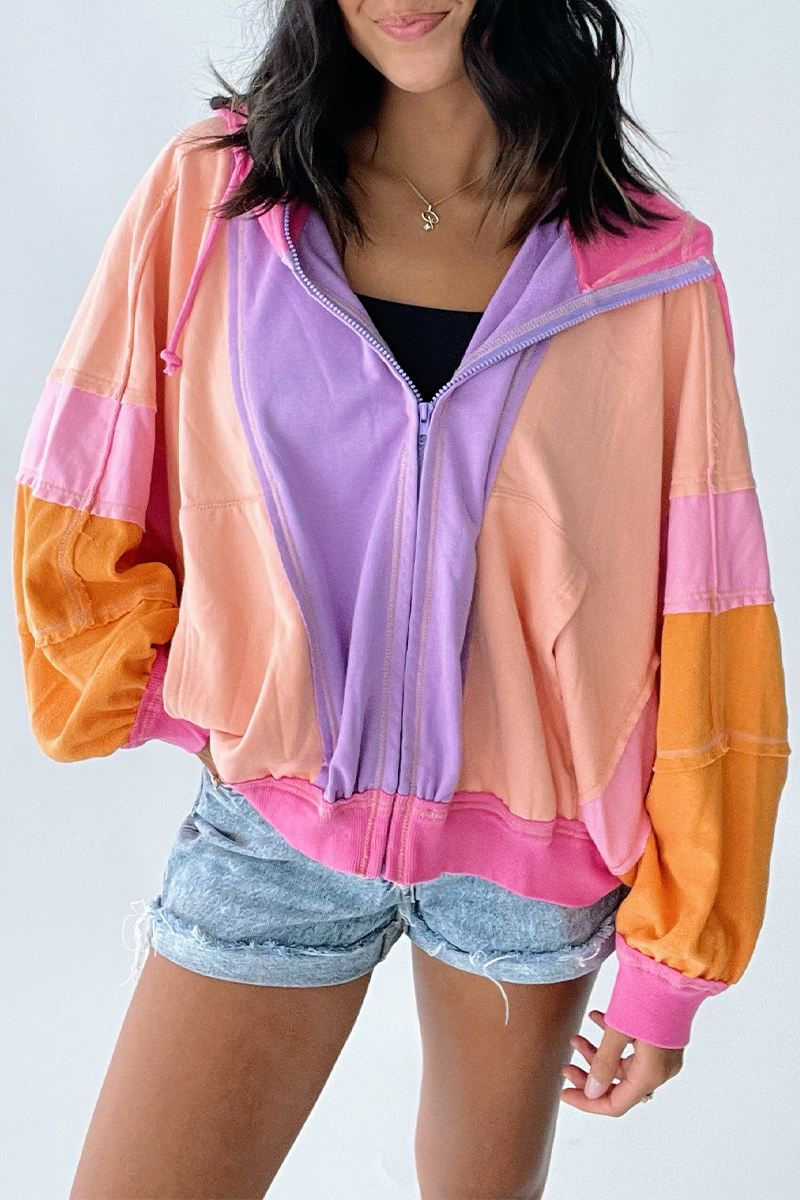 Emilia | Casual color block patchwork contrast hooded tops