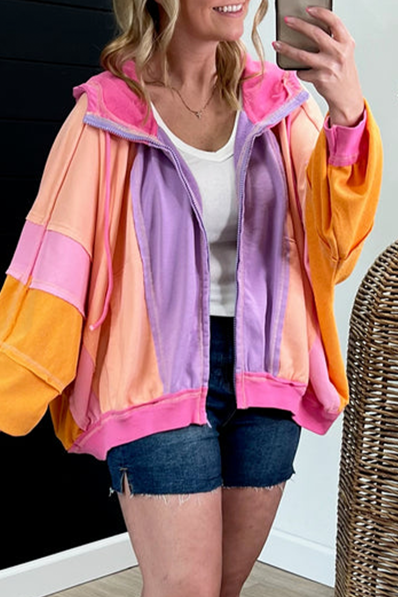 Emilia | Casual color block patchwork contrast hooded tops