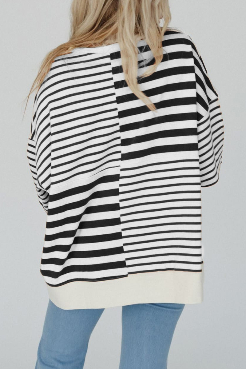 Emmy | Casual stripe buttons patchwork contrast o-neck t-shirts