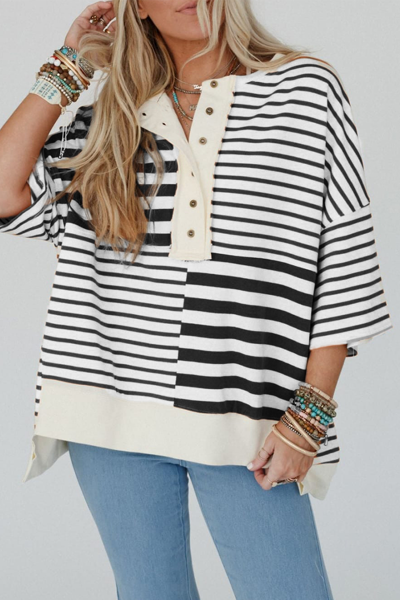 Emmy | Casual stripe buttons patchwork contrast o-neck t-shirts