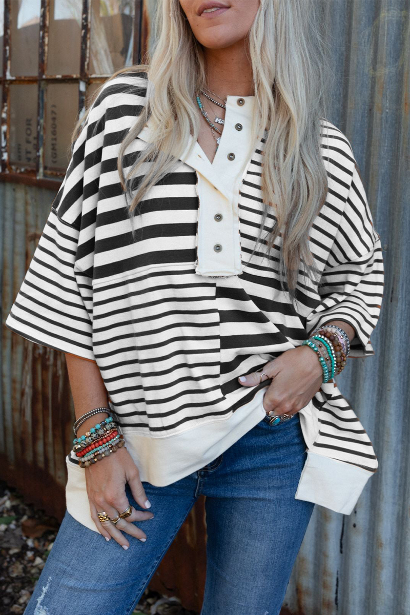 Emmy | Casual stripe buttons patchwork contrast o-neck t-shirts