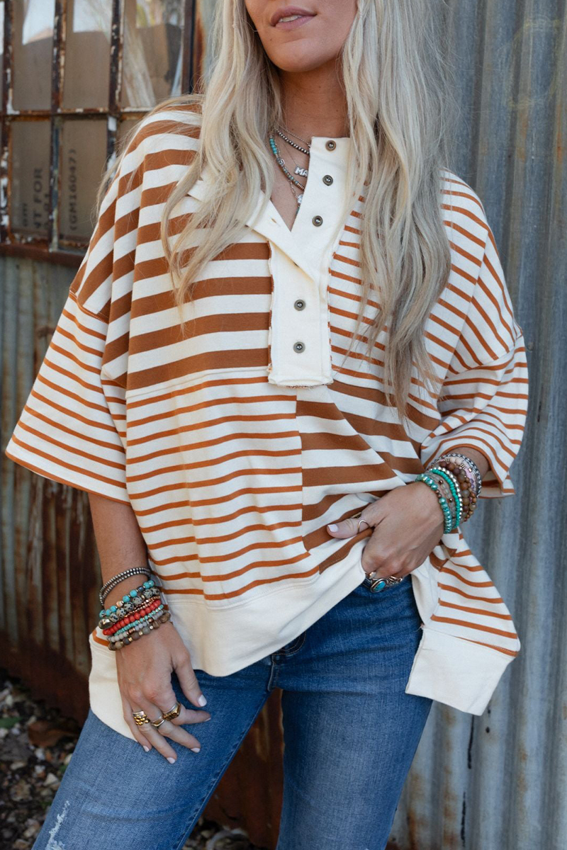 Emmy | Casual stripe buttons patchwork contrast o-neck t-shirts