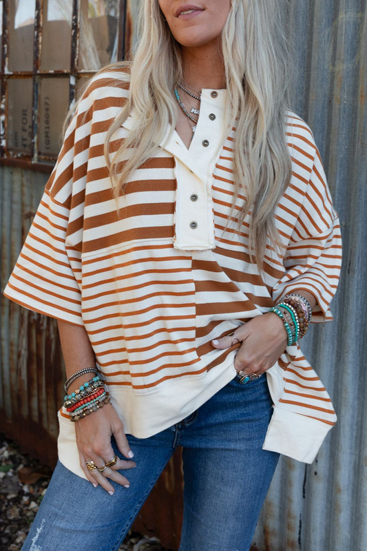 Emmy | Casual stripe buttons patchwork contrast o-neck t-shirts