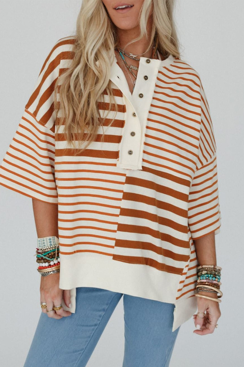Emmy | Casual stripe buttons patchwork contrast o-neck t-shirts