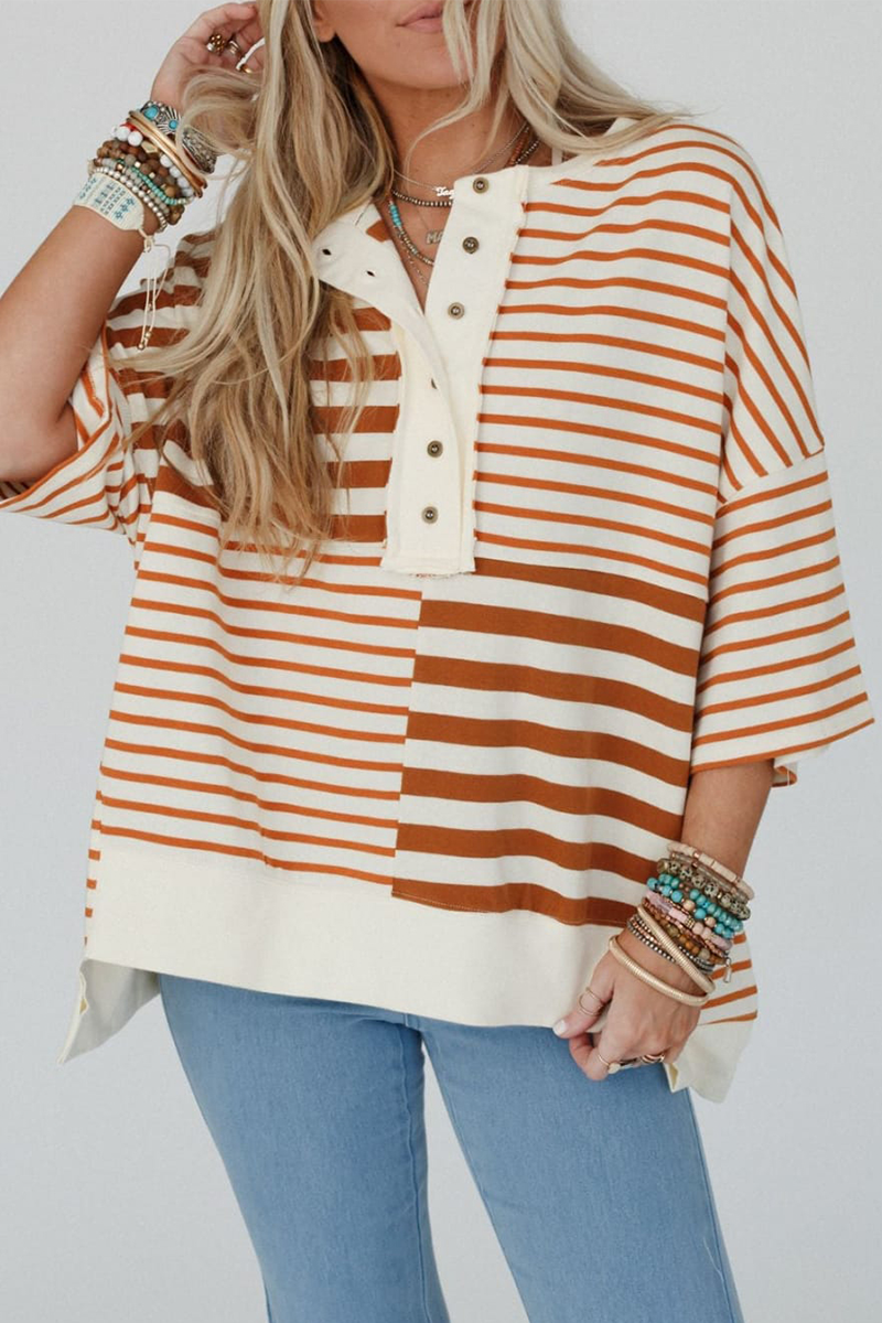 Emmy | Casual stripe buttons patchwork contrast o-neck t-shirts