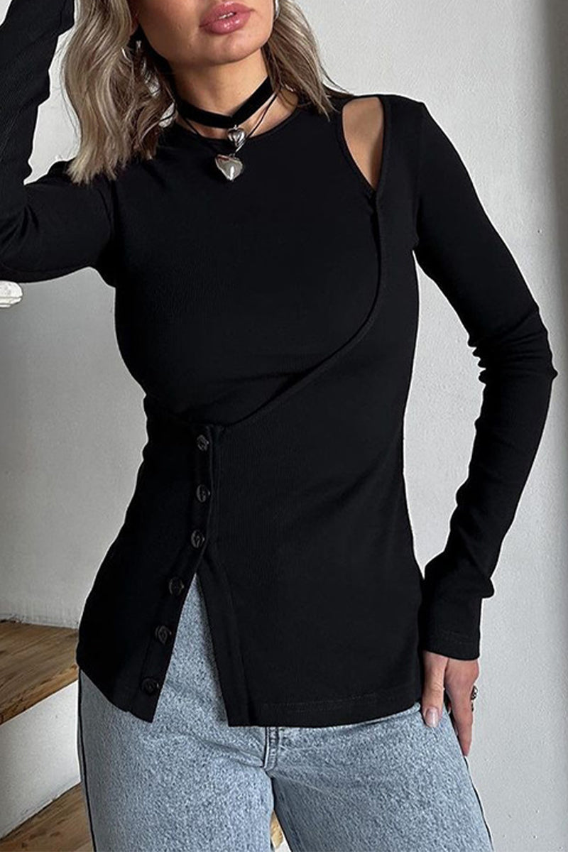 Enid | Casual tops with plain buttons and irregular O-neck