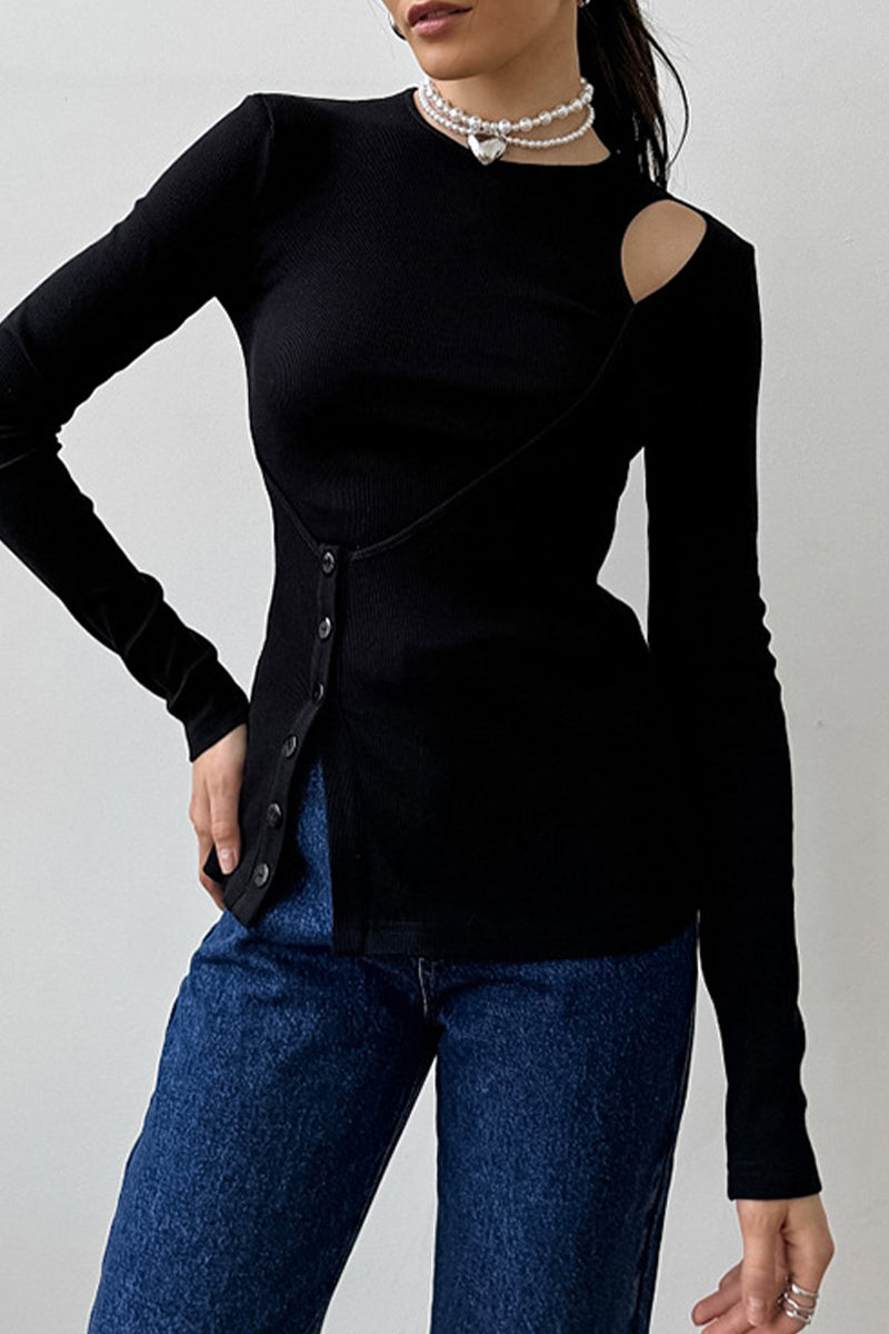 Enid | Casual tops with plain buttons and irregular O-neck