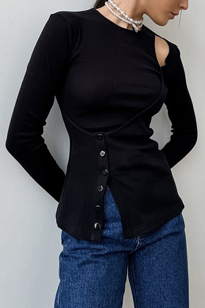 Enid | Casual tops with plain buttons and irregular O-neck
