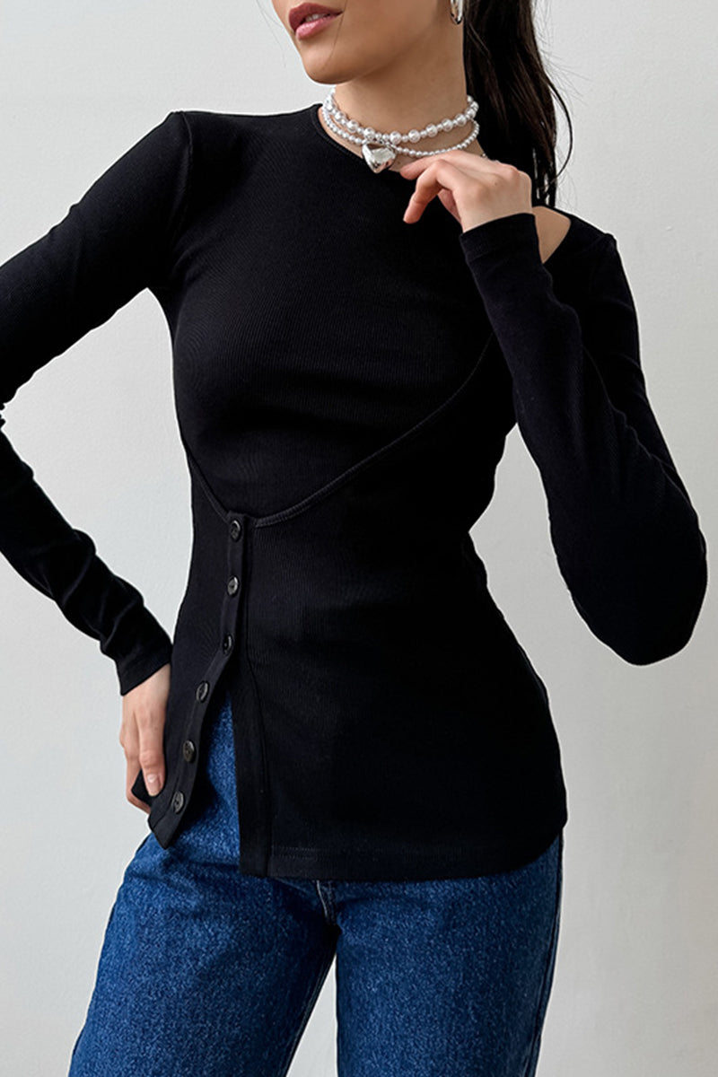 Enid | Casual tops with plain buttons and irregular O-neck