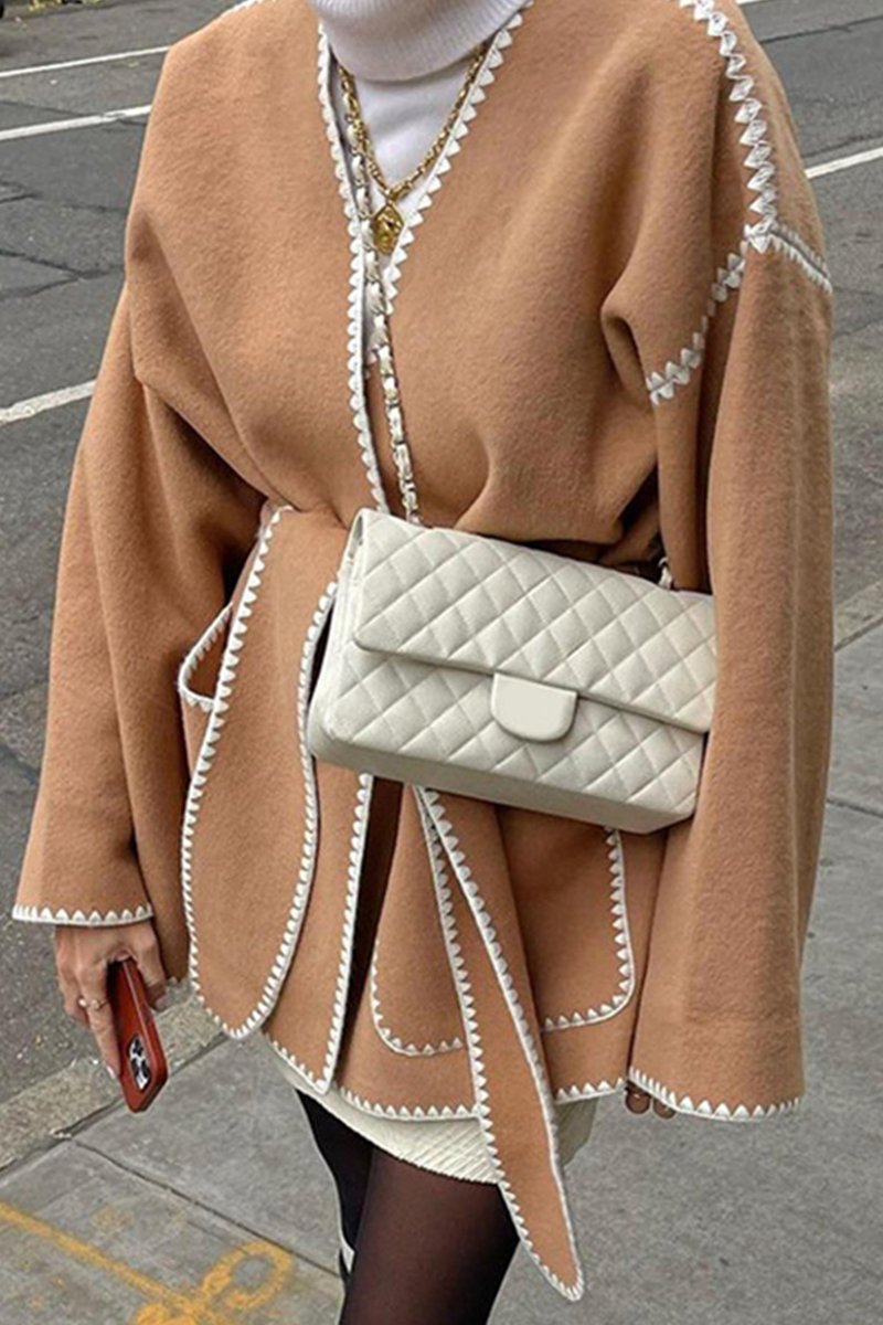 Erica | Casual street pocket patchwork contrast outerwear with chunky V-neck
