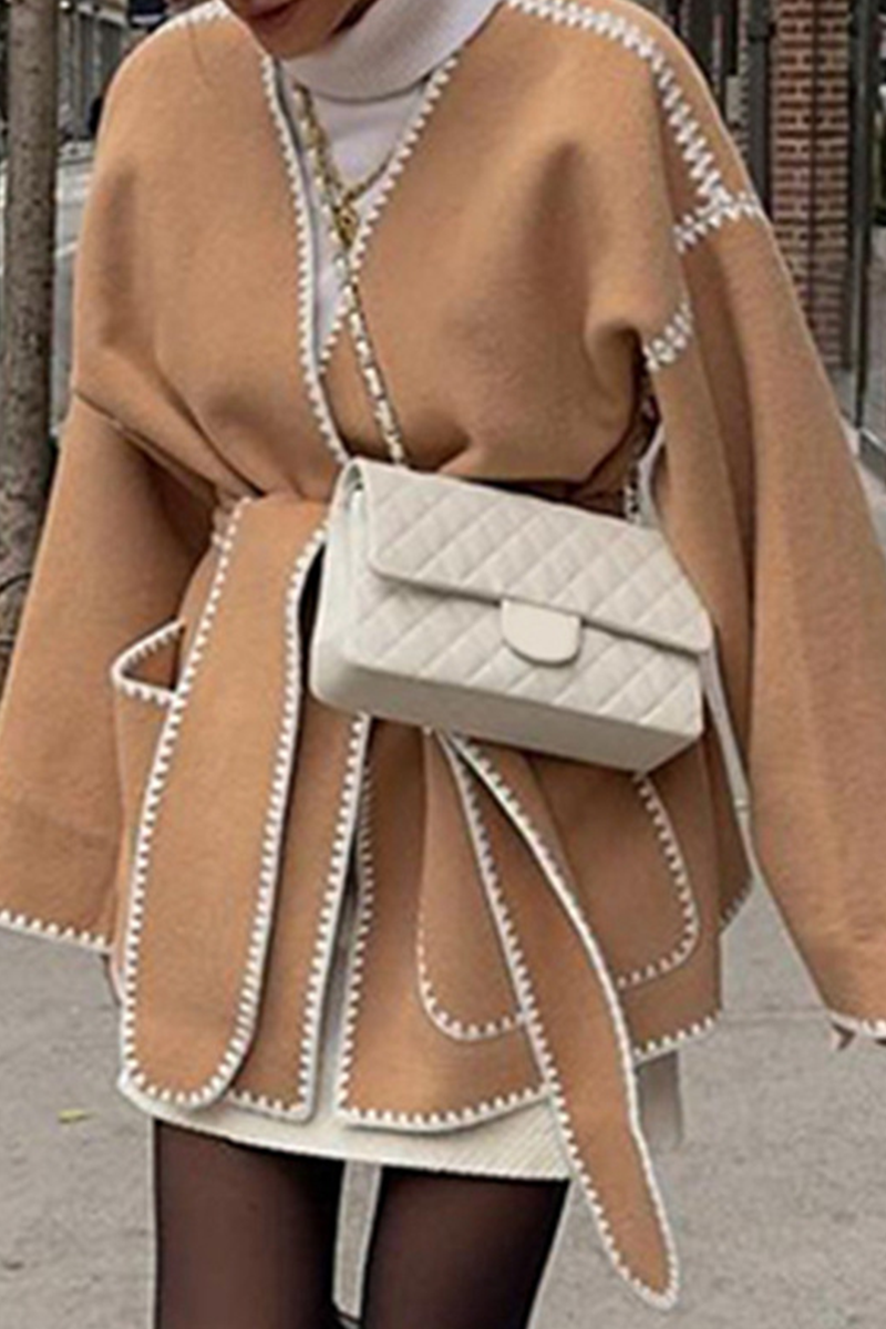 Erica | Casual street pocket patchwork contrast outerwear with chunky V-neck
