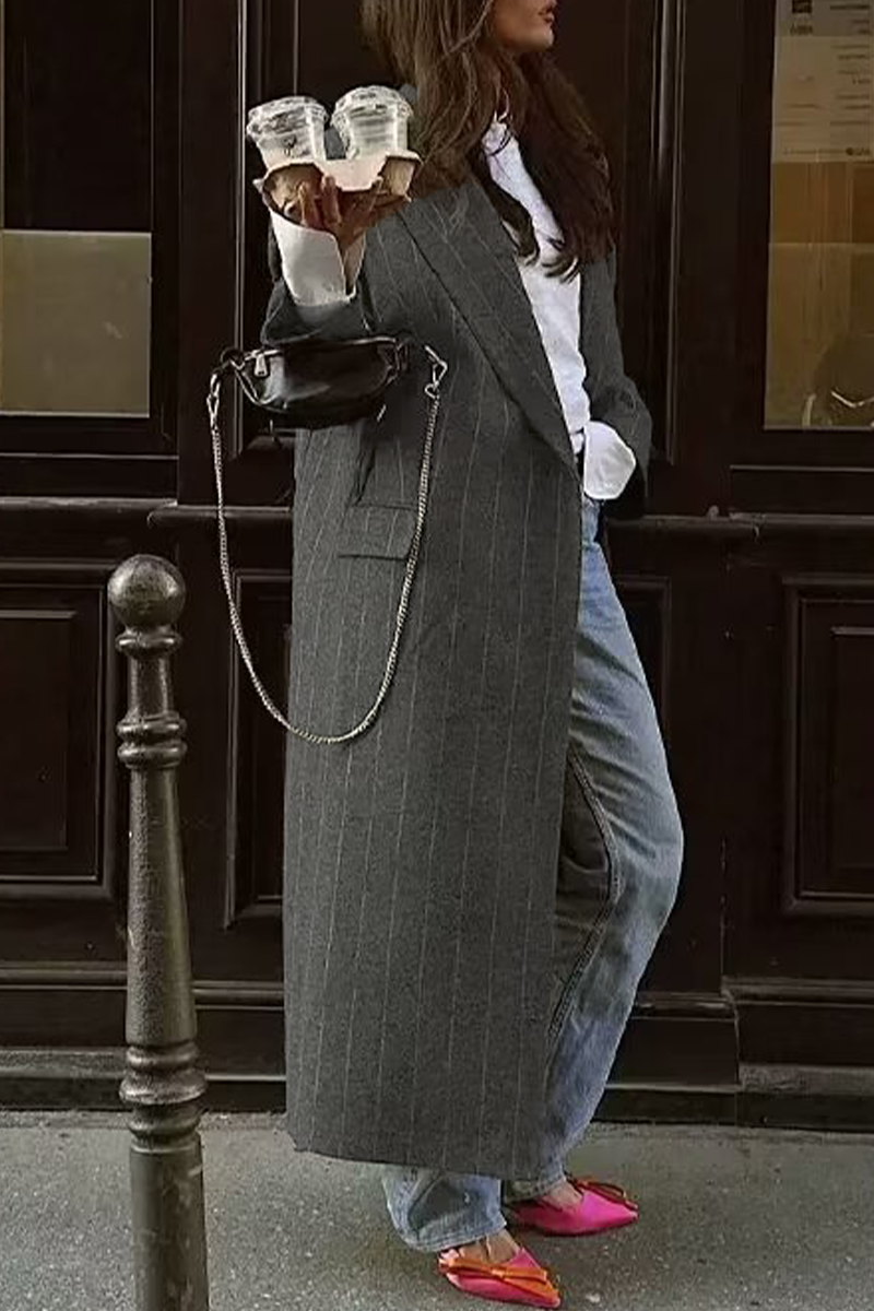 Erika | Casual outerwear with stripes and pocket patchwork and turn-down collar