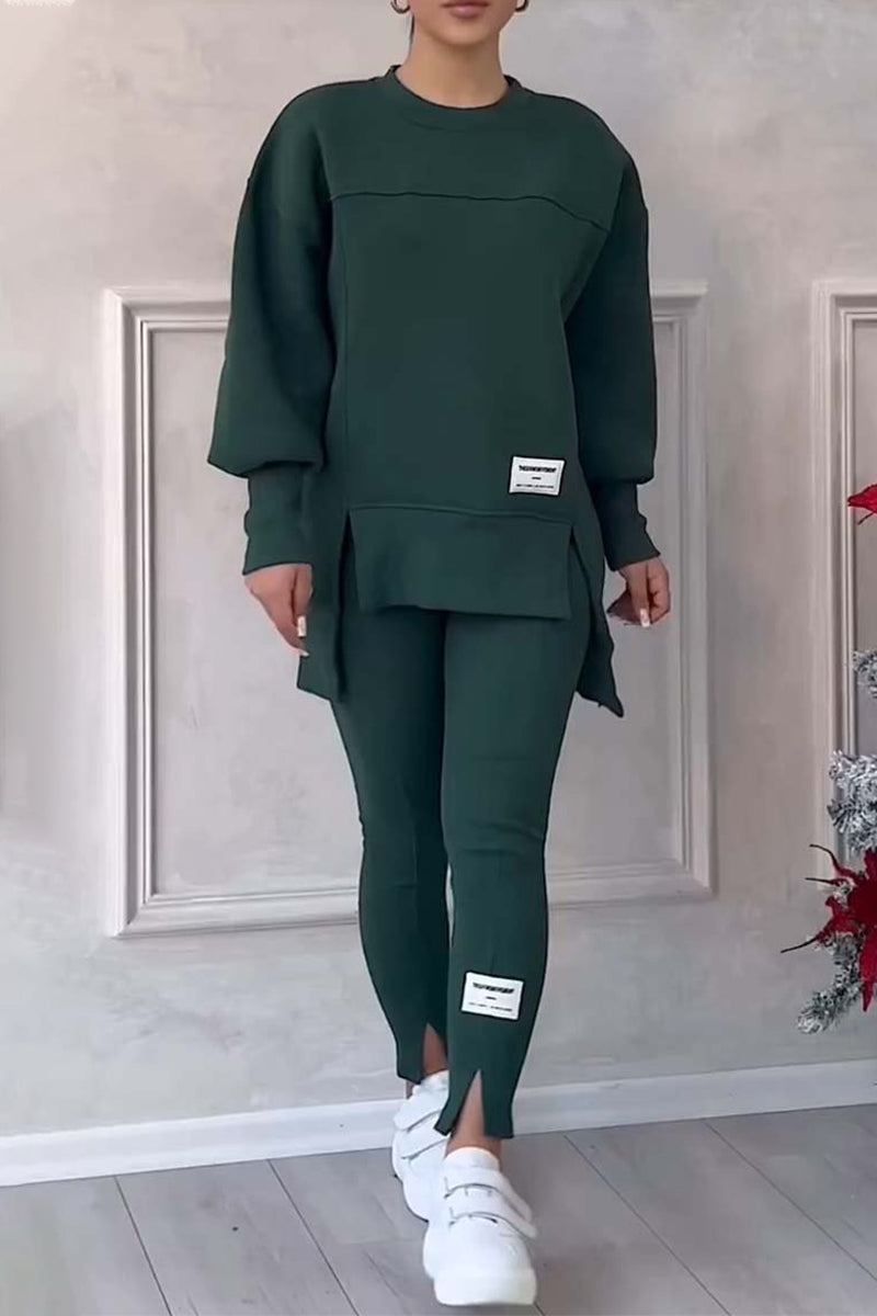 Fabienne | Casual daily letter print, patchwork slit, O-neck, long sleeves, two piece