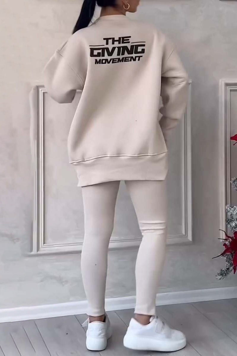 Fabienne | Casual daily letter print, patchwork slit, O-neck, long sleeves, two piece