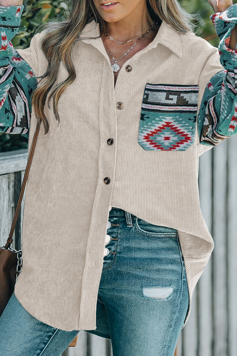 Fernanda | Casual blouses with geometric print and pocket patchwork and contrast turn-down collar